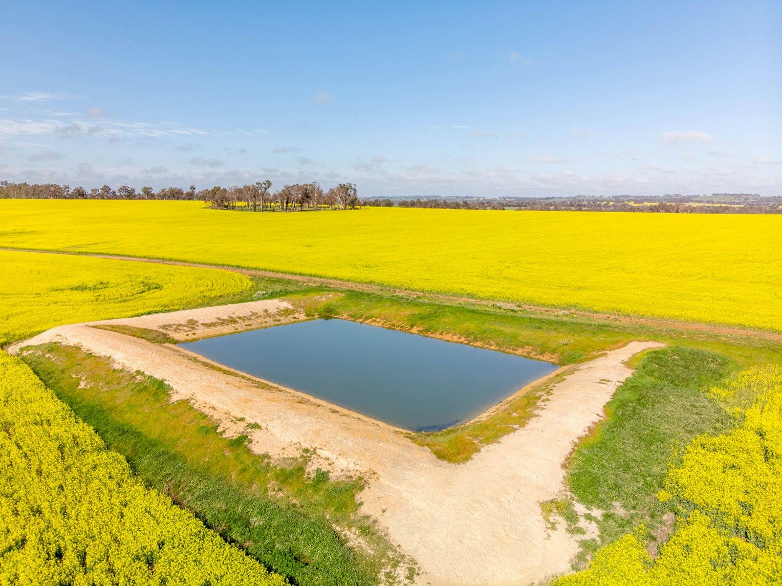 Aerial view of a rectangular farm water storage set in cropland