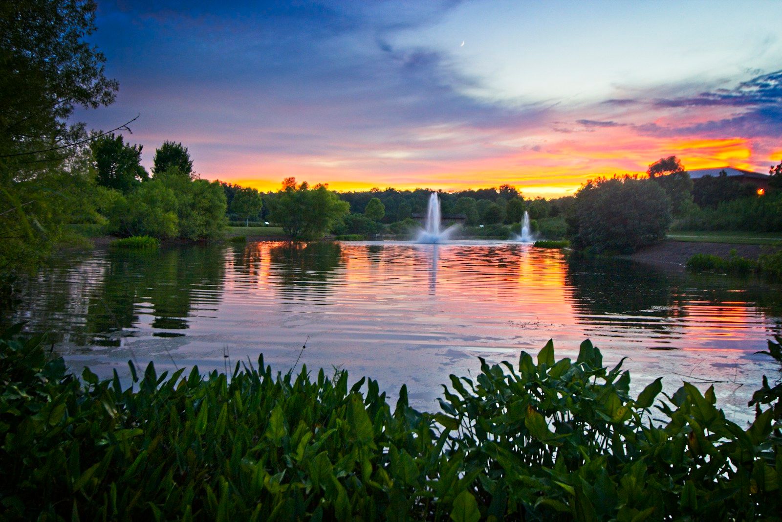 Two fountains spraying water above a pond at sunset